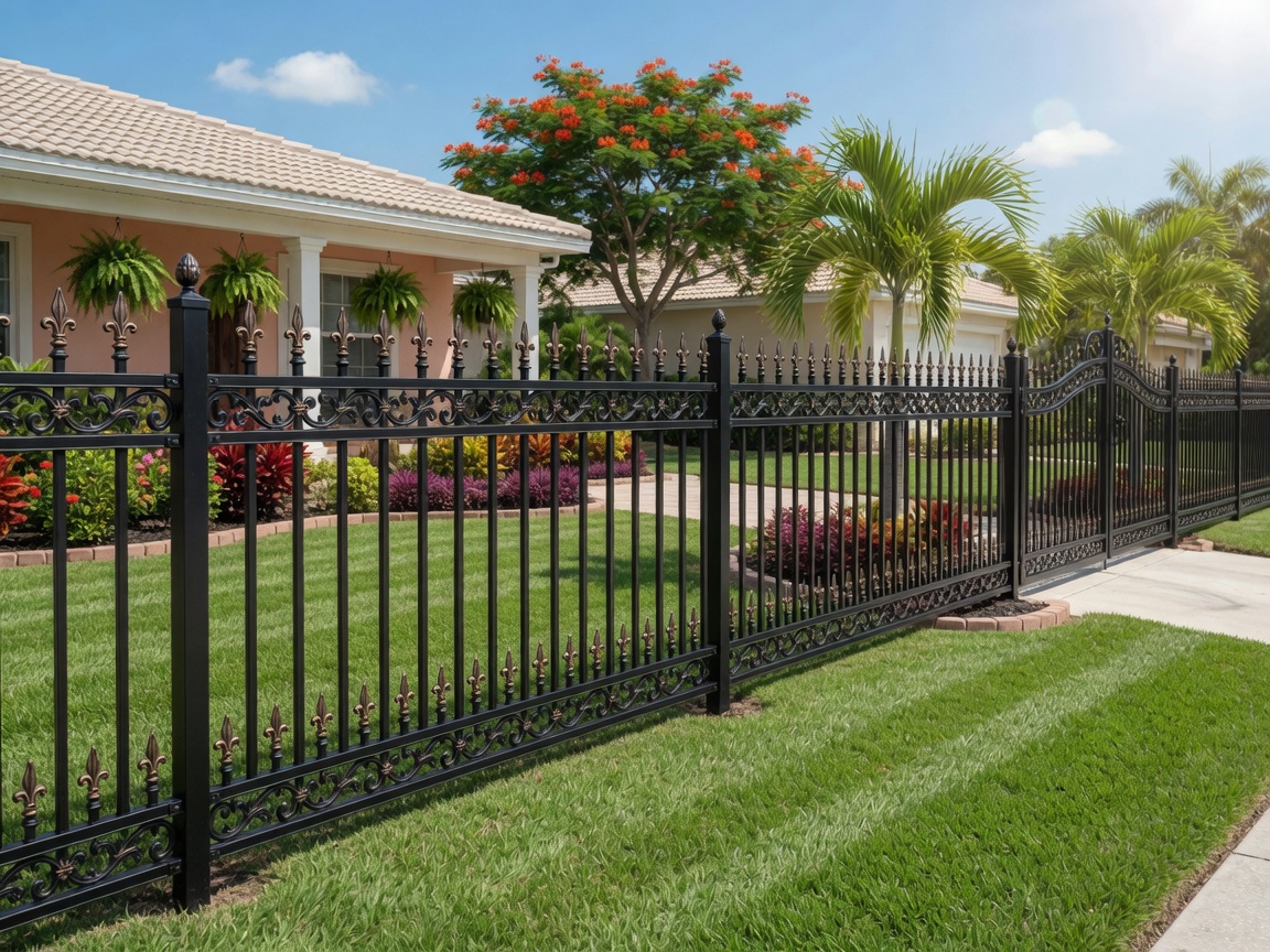 Black powder-coated aluminum fence in front of a Gulf Breeze home