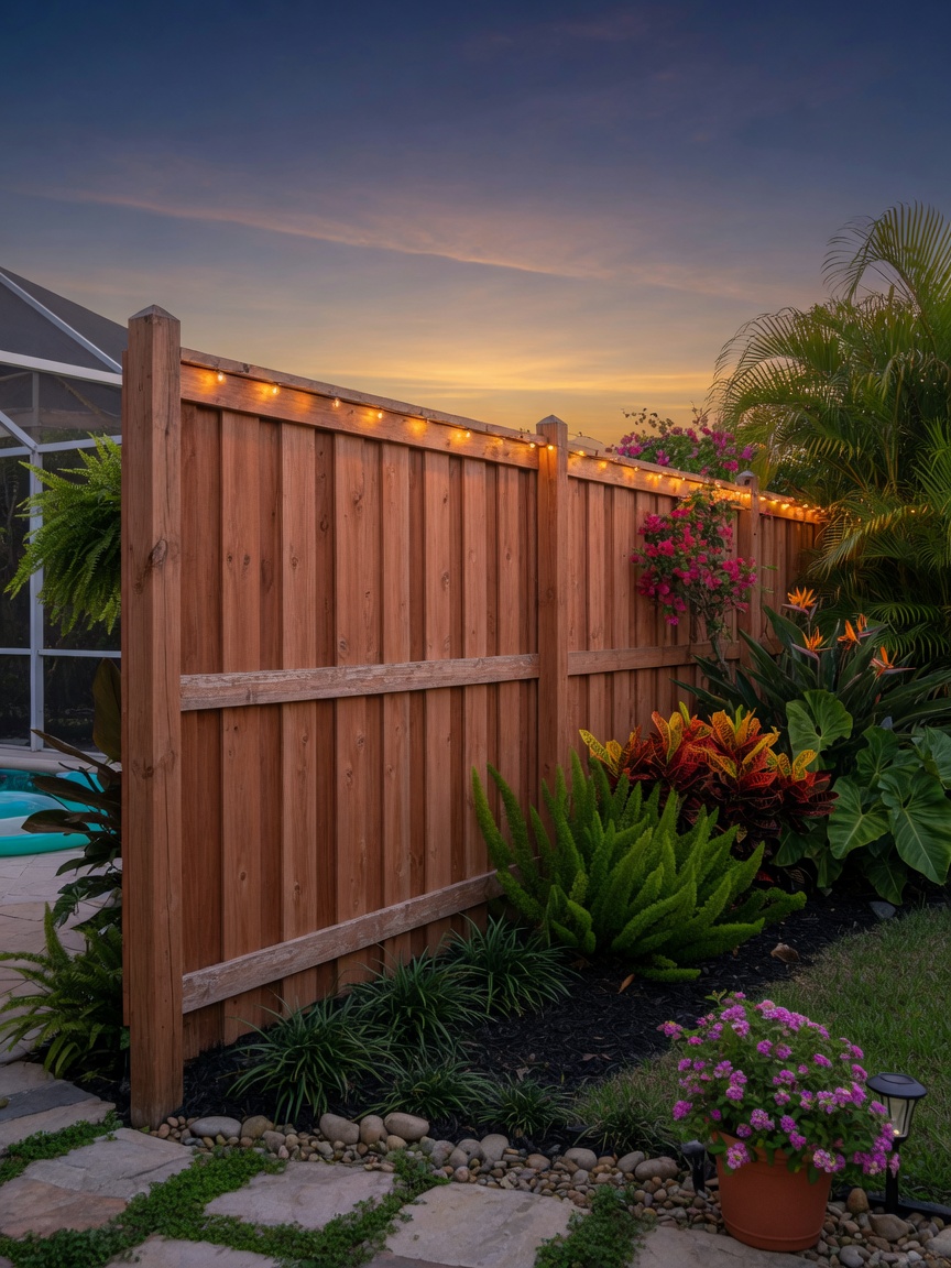 Board-on-board cedar privacy fence along a Gulf Breeze back line