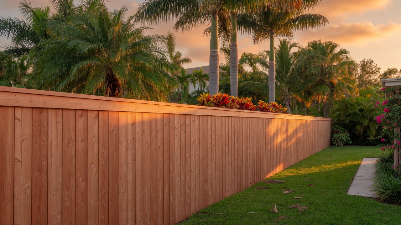 Six-foot cedar privacy fence with a coastal-grade gate behind a Gulf Breeze home