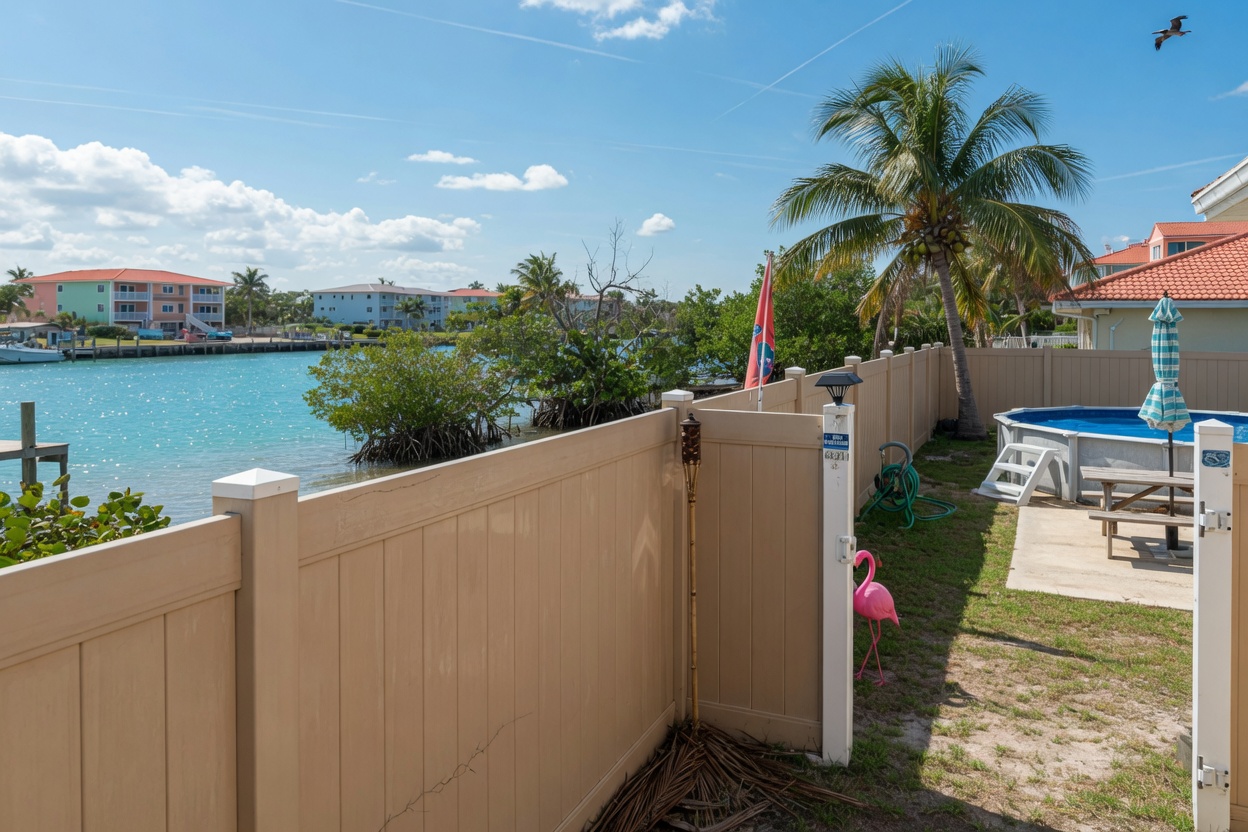 Tan vinyl privacy fence panels installed in a Gulf Breeze backyard